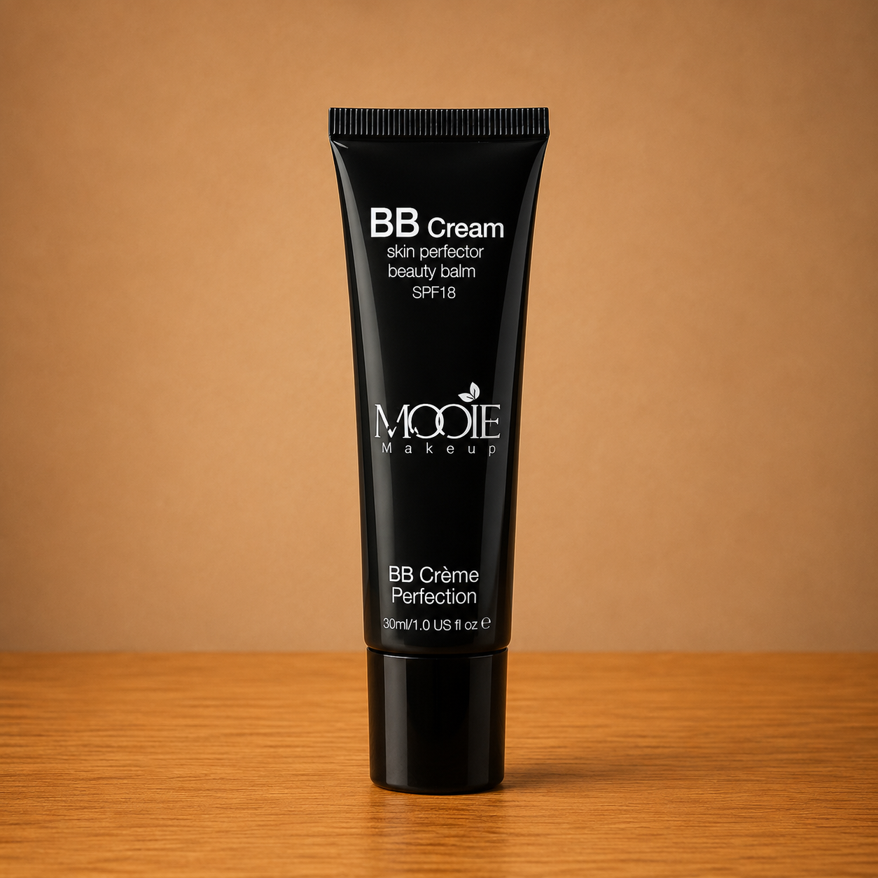 Black BB cream tube on wooden surface