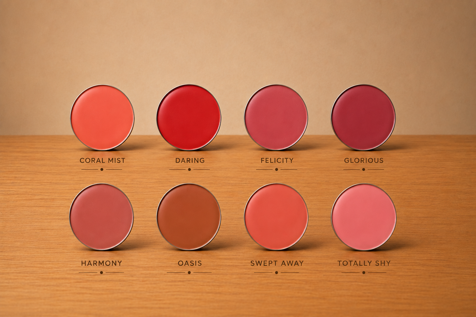 Eight round blush or balm shades on display