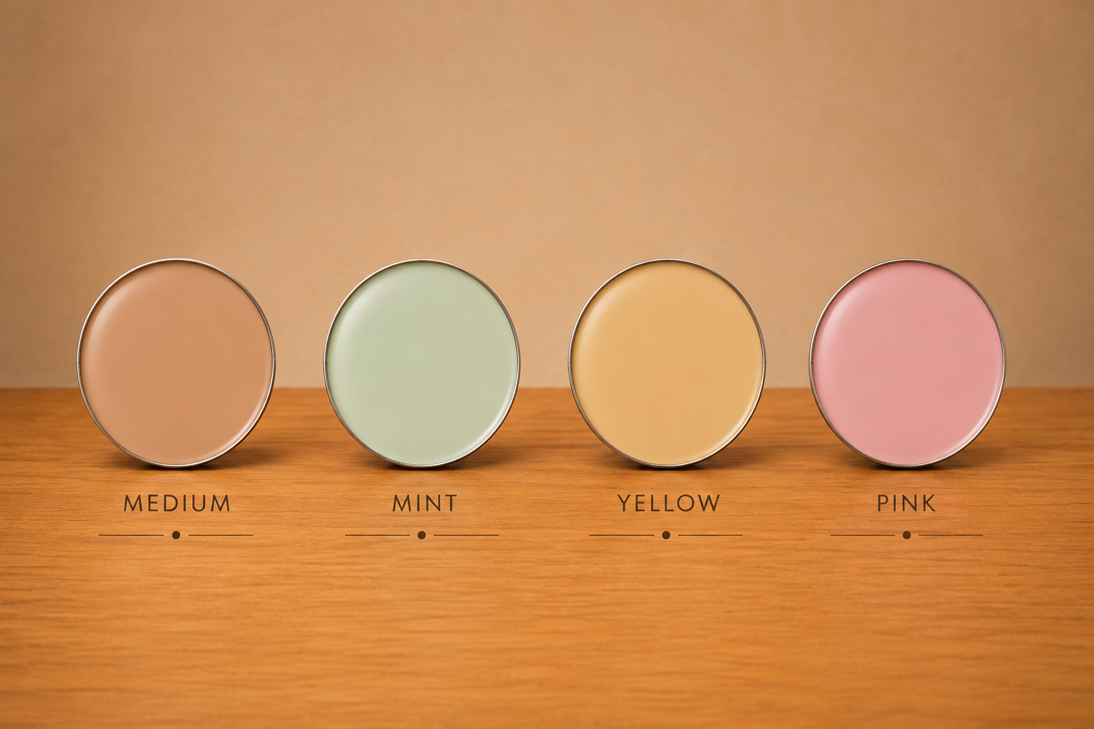Four paint tins in medium, mint, yellow, pink