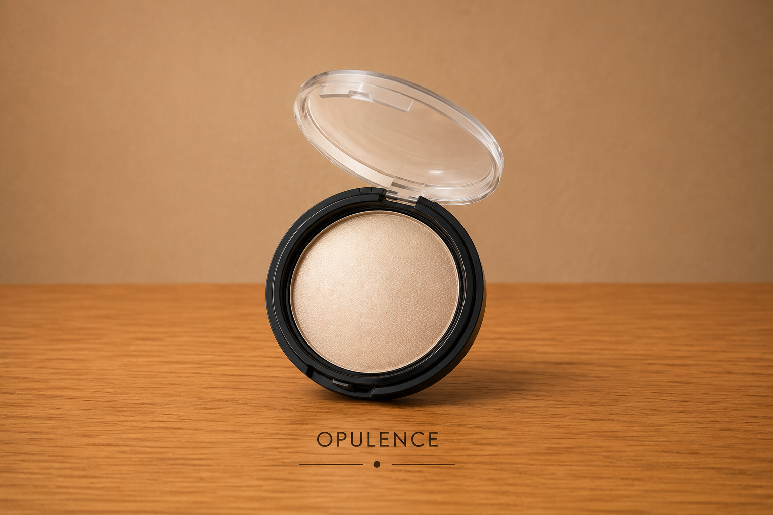 Open highlighter compact on wooden surface