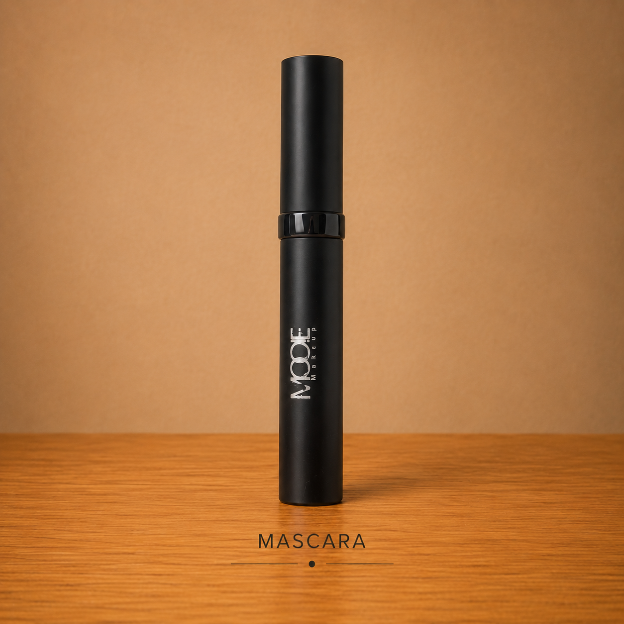 Black mascara tube on wooden surface
