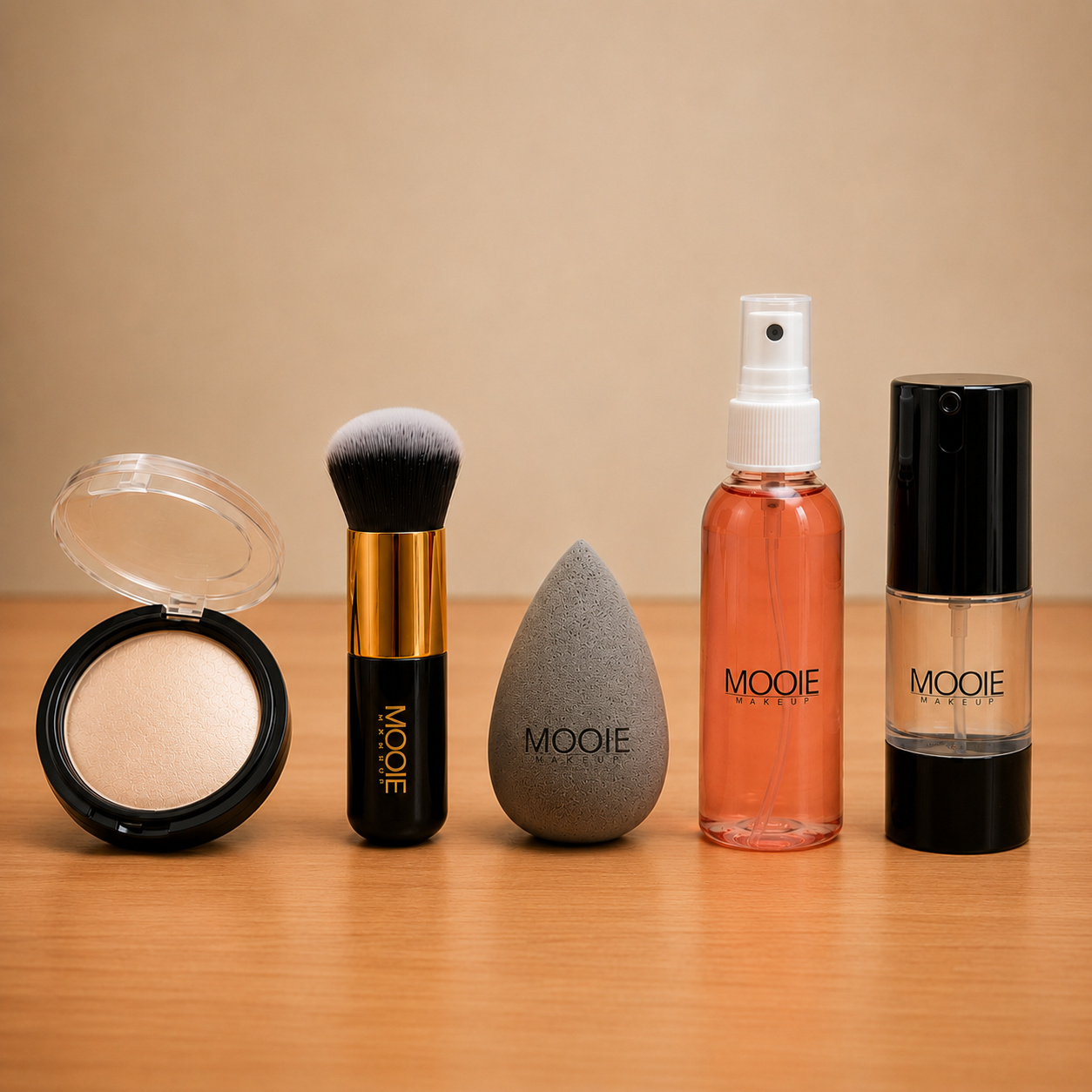 Makeup products on wooden table with neutral background